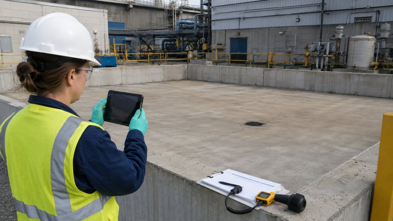 Environmental manager documenting closure of a hazardous waste accumulation pad