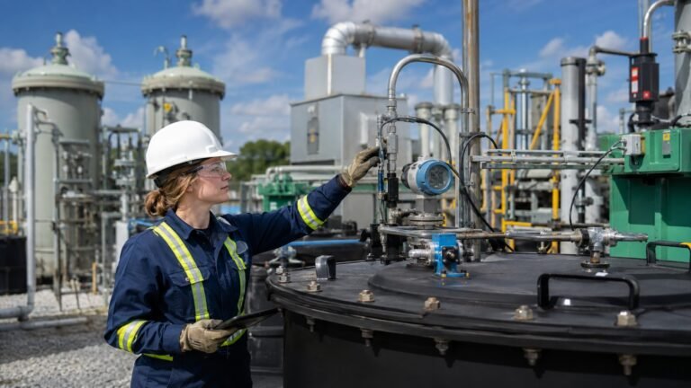 Environmental engineer inspecting air emission controls on hazardous waste tanks and containers
