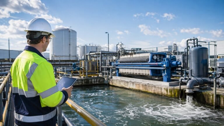 Industrial wastewater treatment system with environmental manager reviewing unit boundaries