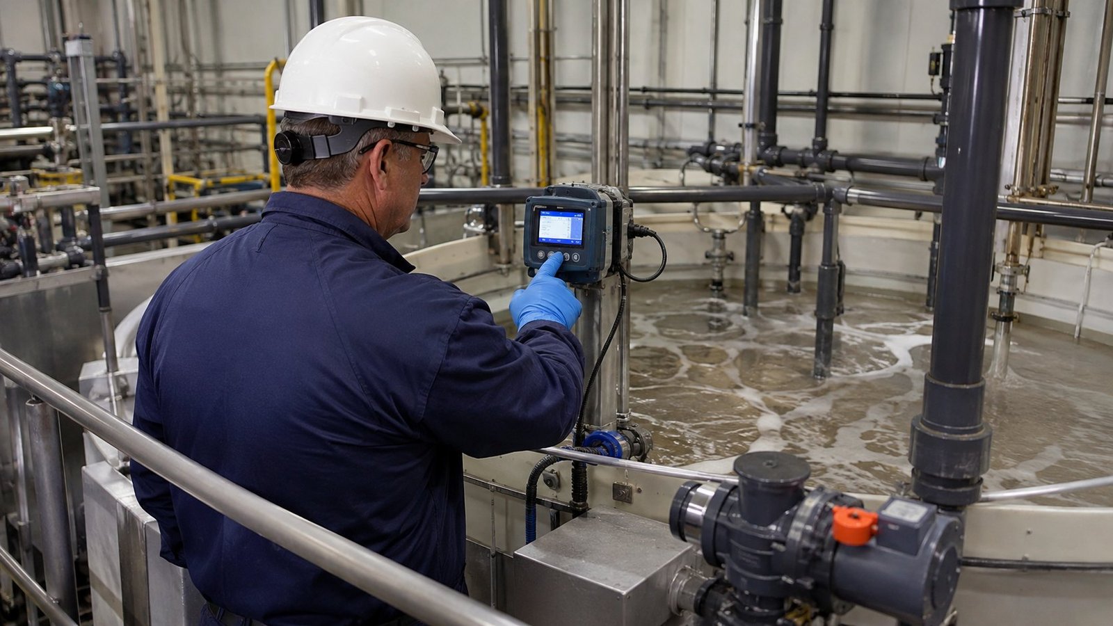 Operator monitoring controlled neutralization of a corrosive waste stream in an industrial tank