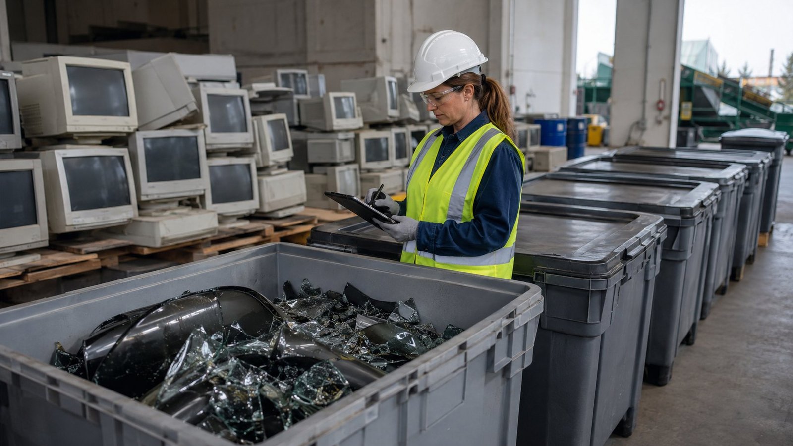 American electronics recycling area with intact and broken CRT monitors safely separated