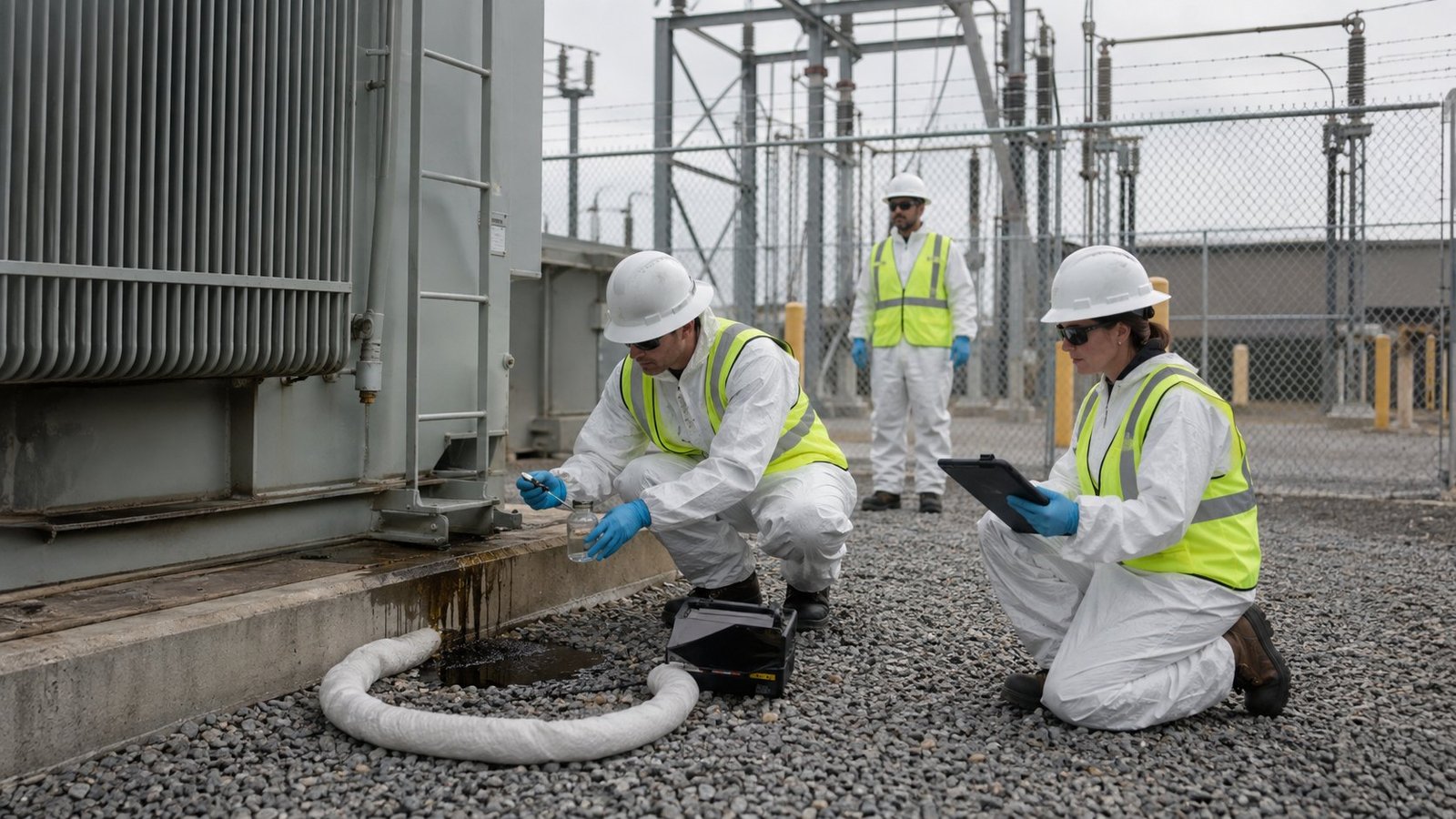 United States environmental team assessing a leaking legacy electrical transformer for PCB waste