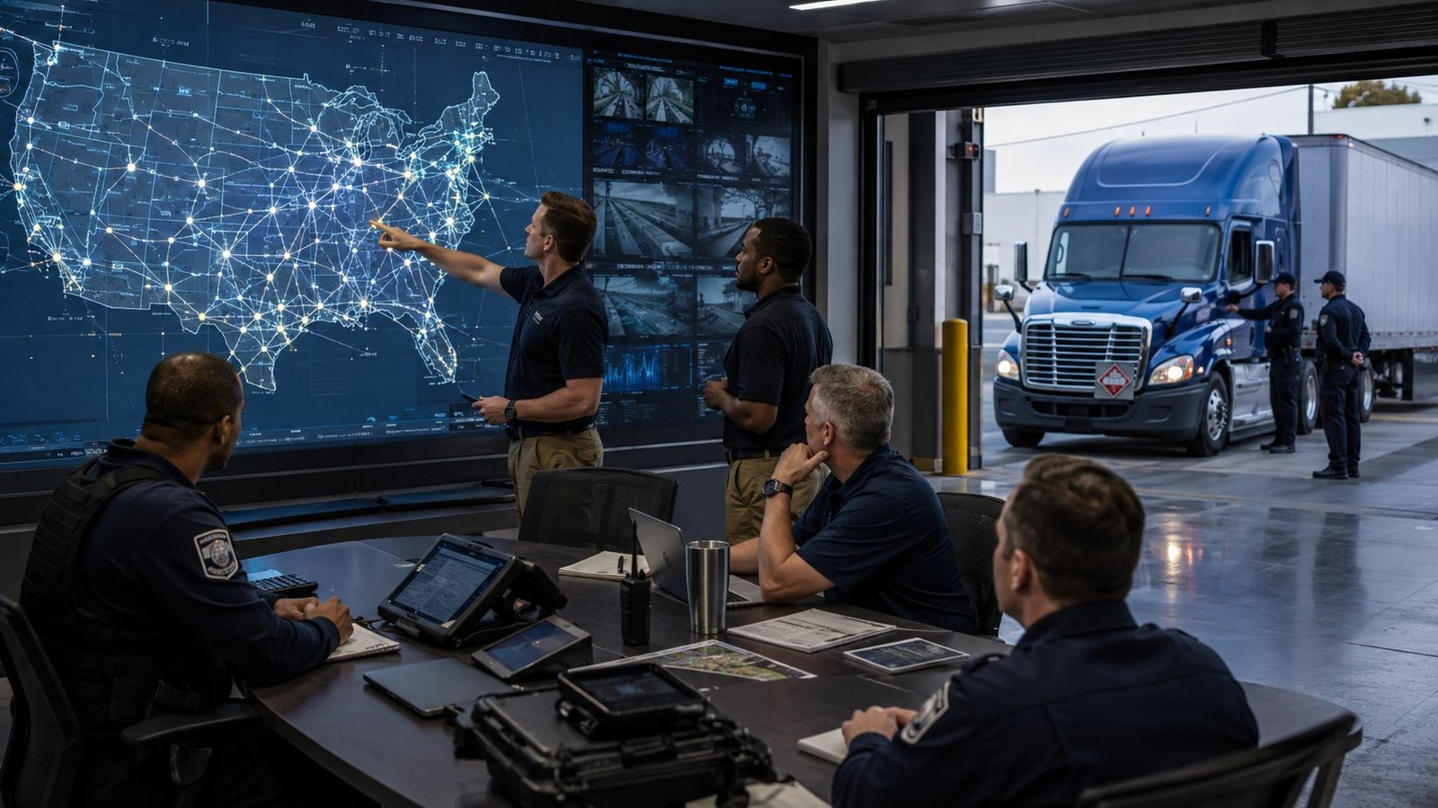 United States hazardous materials logistics team reviewing transportation security and route controls