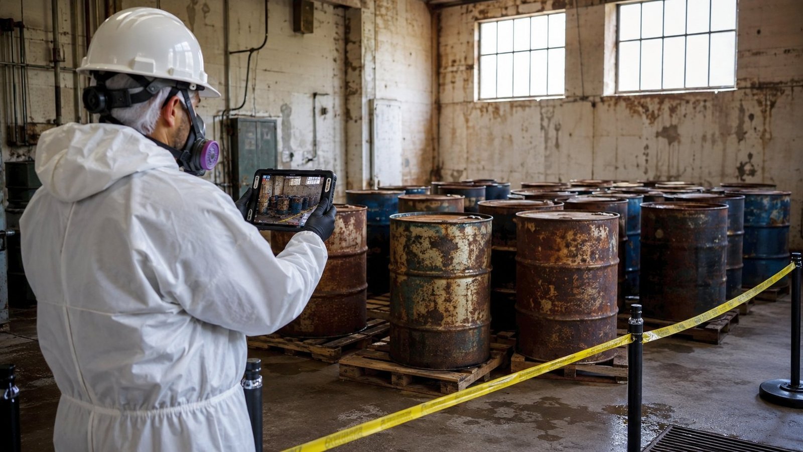 Hazardous materials specialist safely documenting unknown legacy drums without opening them