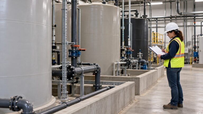 Environmental professional documenting the boundary of industrial wastewater treatment tanks and piping