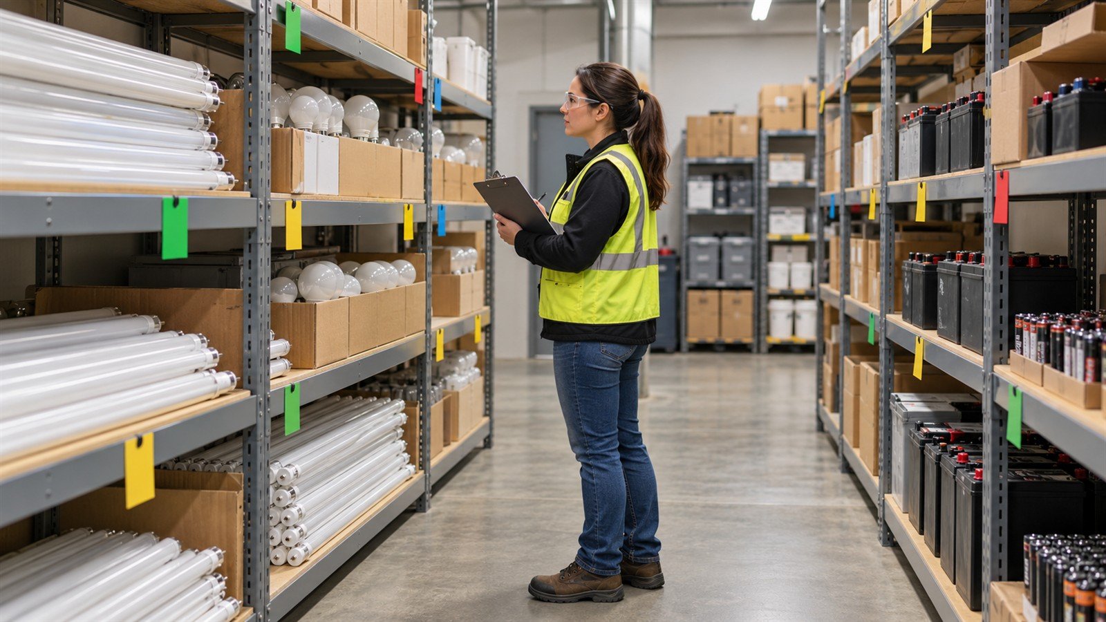 Facility employee reviewing organized universal-waste batteries and lamps in a clean accumulation area