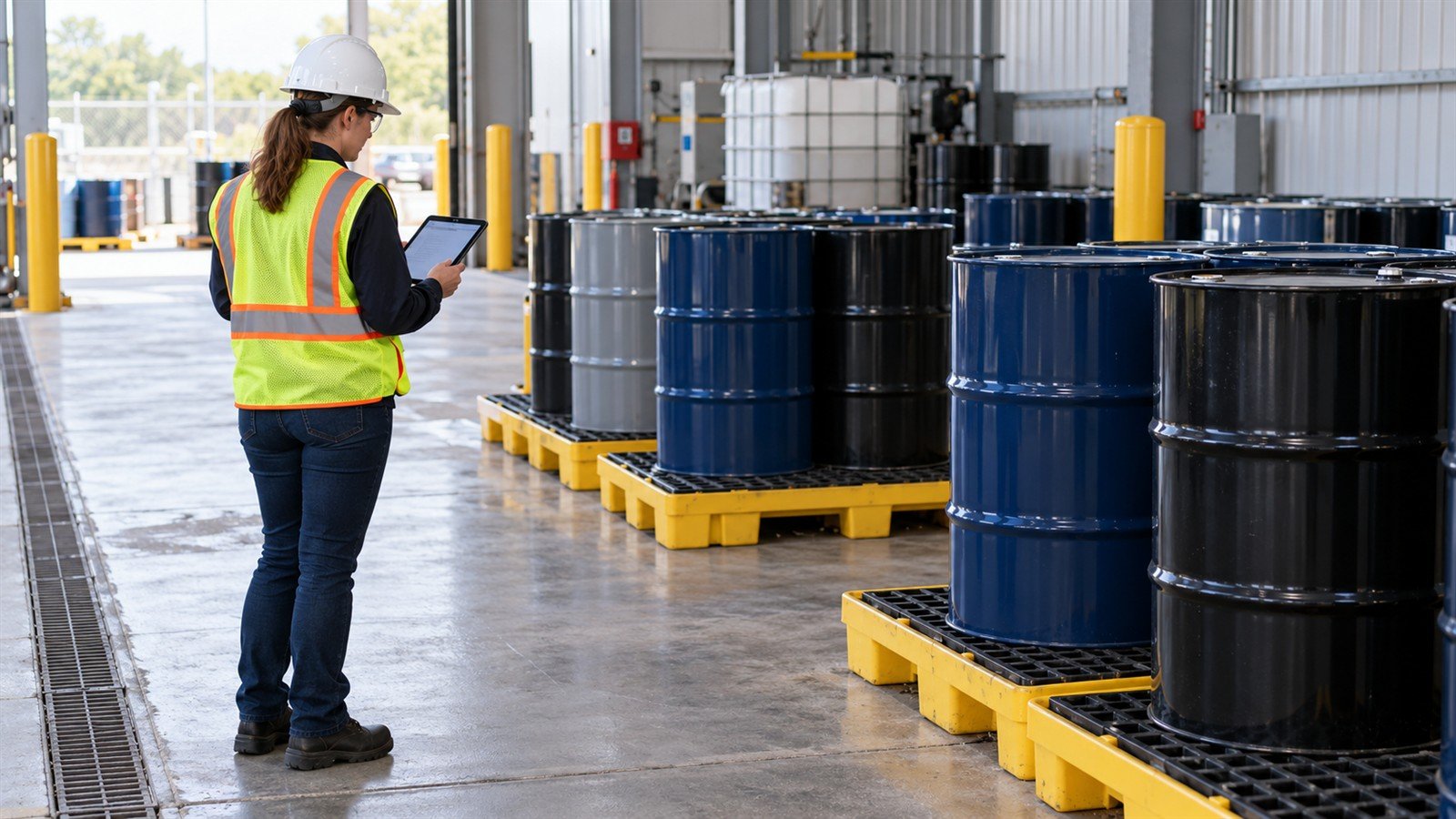 Environmental professional inspecting closed drums in an orderly United States industrial accumulation area